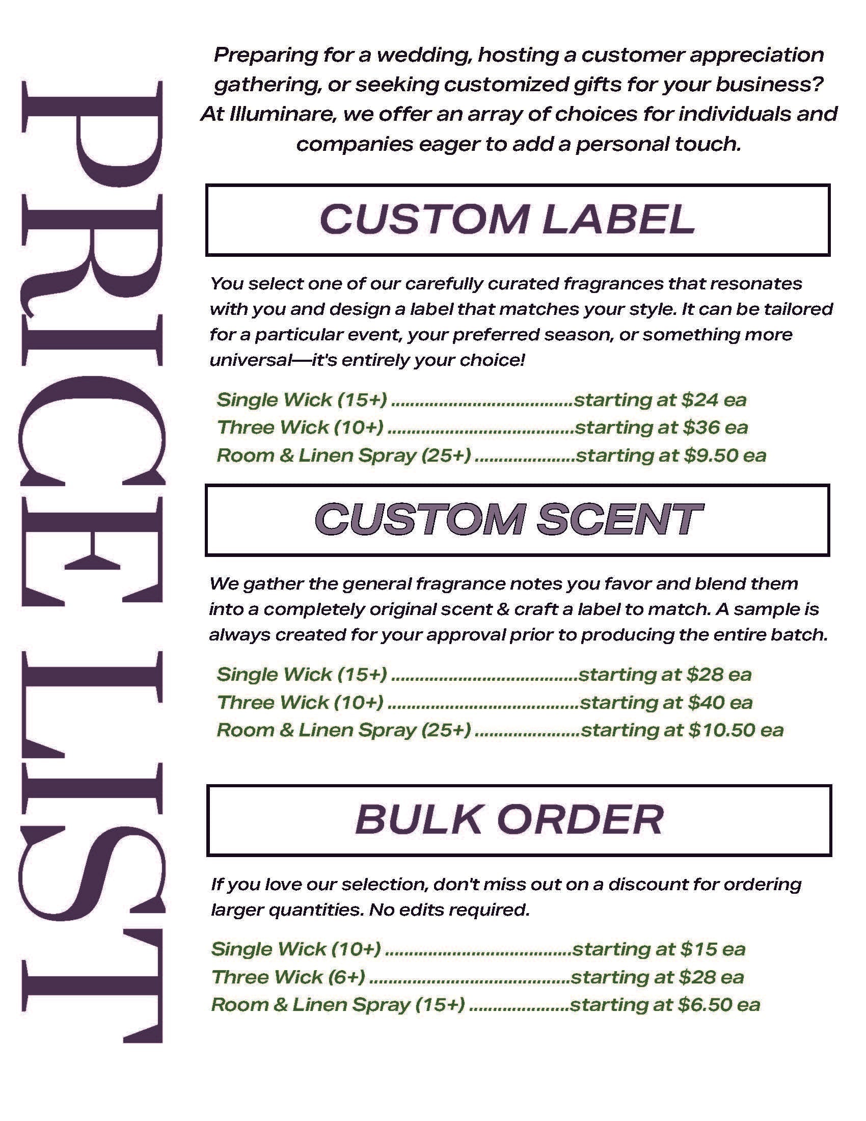 Price list for custom fragrance products with text and pricing details.